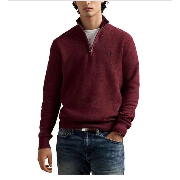 Polo Ralph Lauren Men's XL Red Wine Quarter-Zip Mesh-Knit Sweater Long-Sleeve - Picture 1 of 9